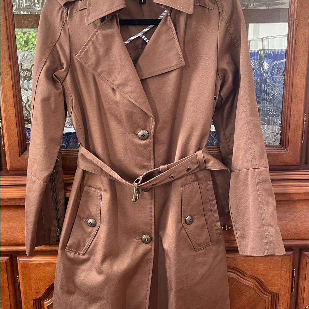 Andrew Marc Brown Trench Coat with Belted Waist and Wide Lapel